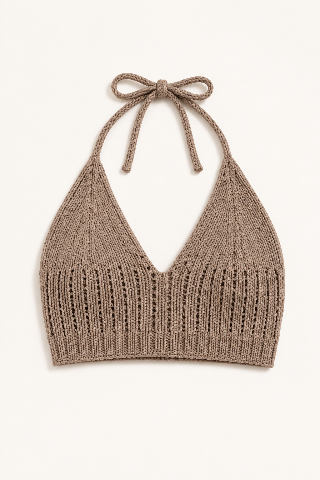 Mocha taupe crochet halter crop top shown alone in a studio flat lay