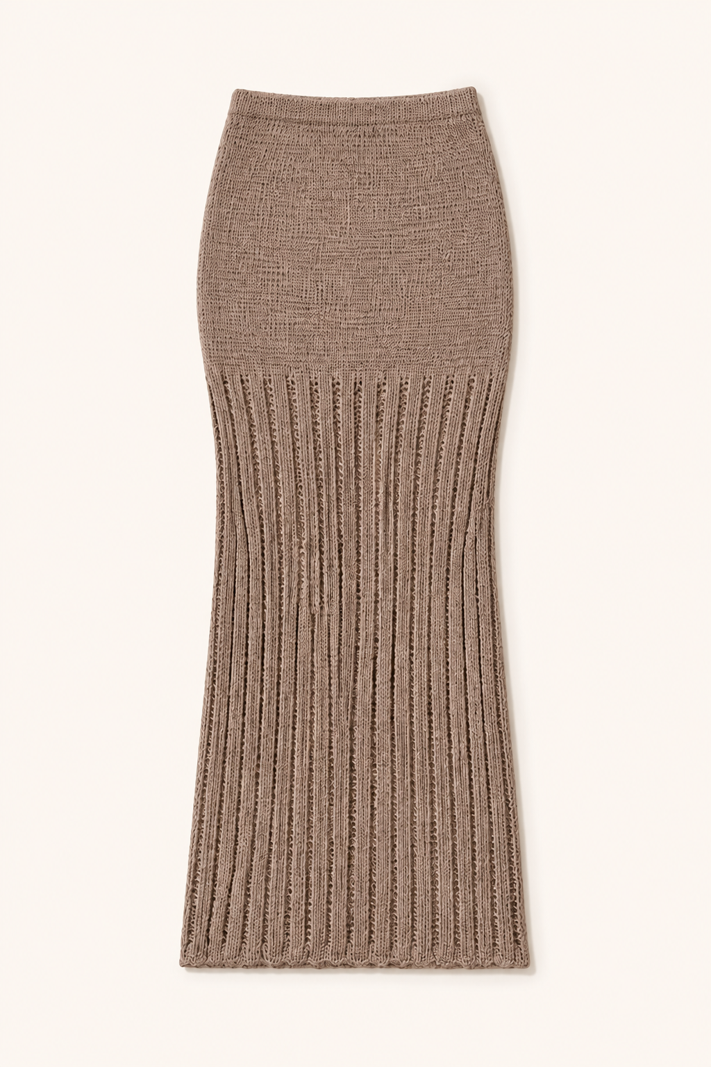 Mocha taupe crochet maxi skirt shown alone in a studio flat lay
