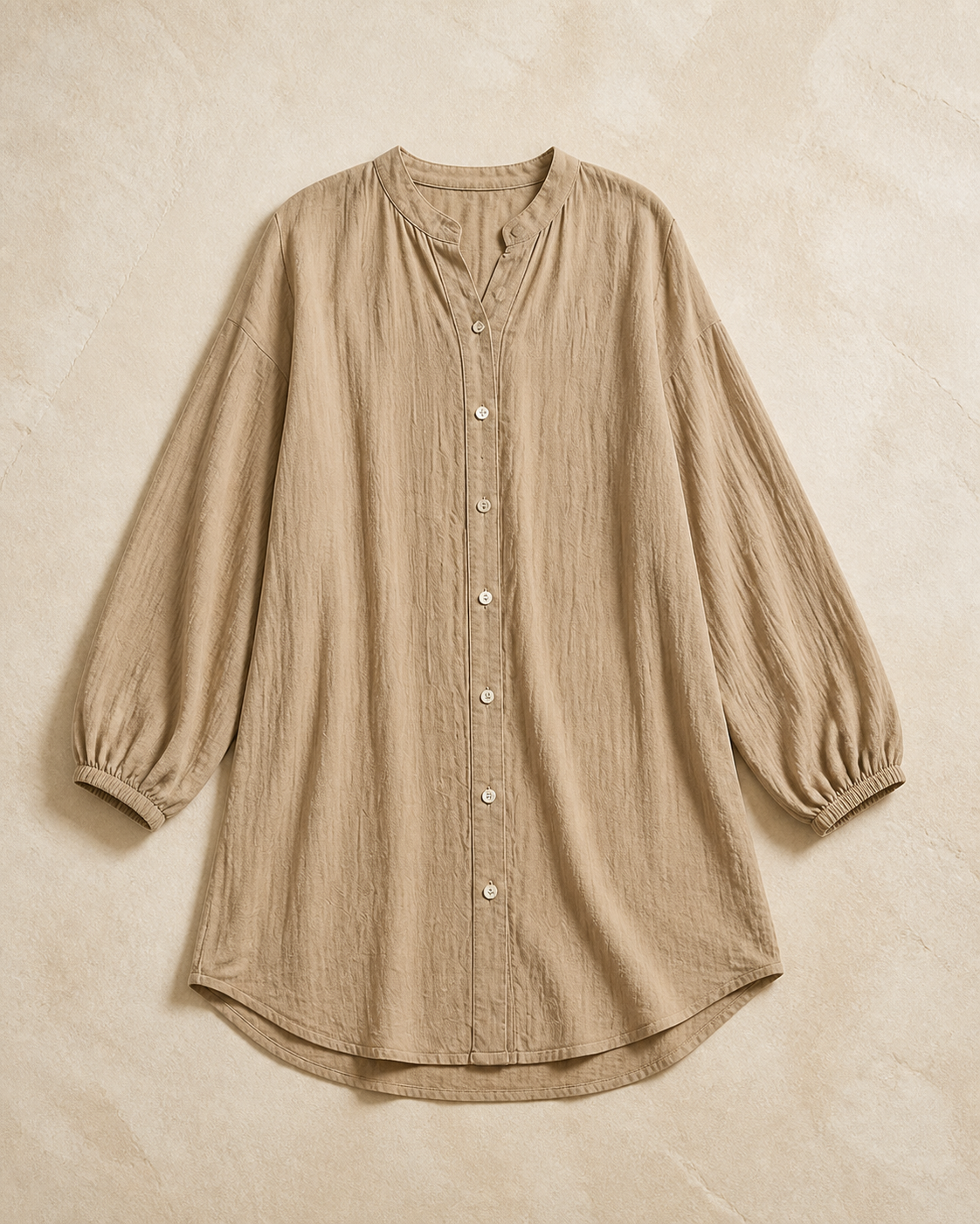 Tan long sleeve mini cover-up dress, flat lay, full garment shown