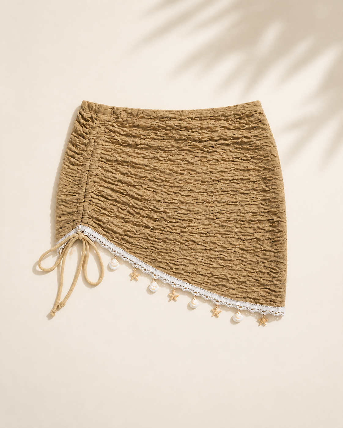 Tan / Khaki Ruched Mini Skirt Swim Cover-Up with Shell Trim, studio flat lay view