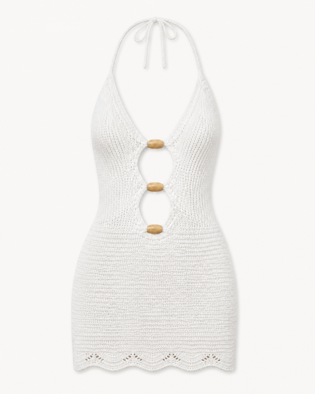 White crochet halter mini cover-up dress, flat lay, full garment shown