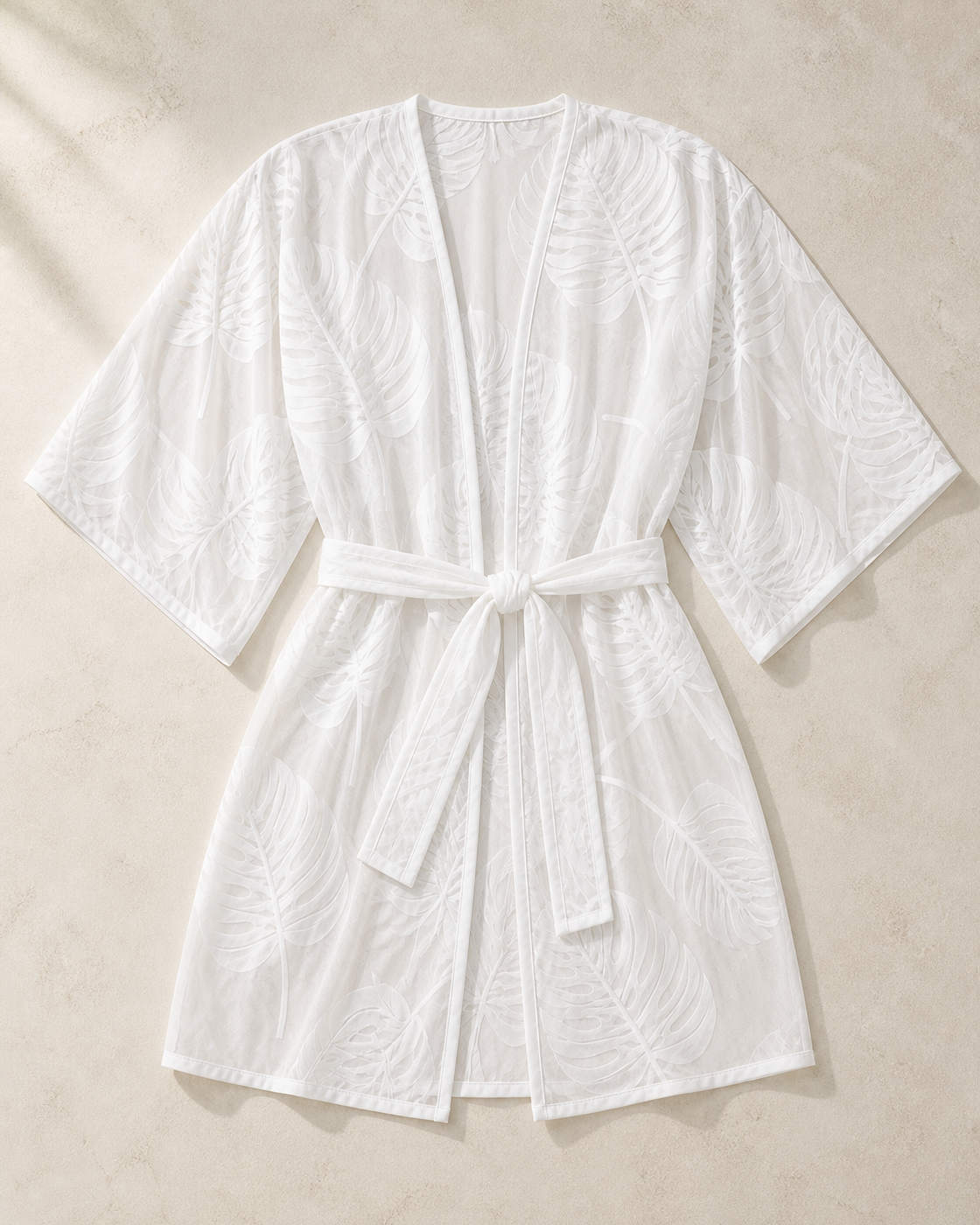 White kimono, flat lay, full garment shown