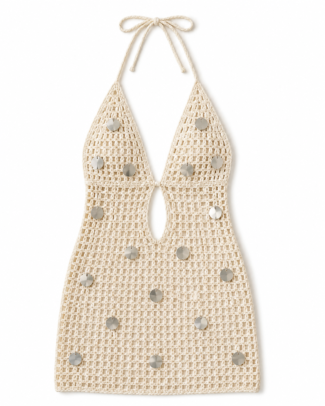 Cream crochet and sequin halter mini cover-up dress, flat lay, full garment shown