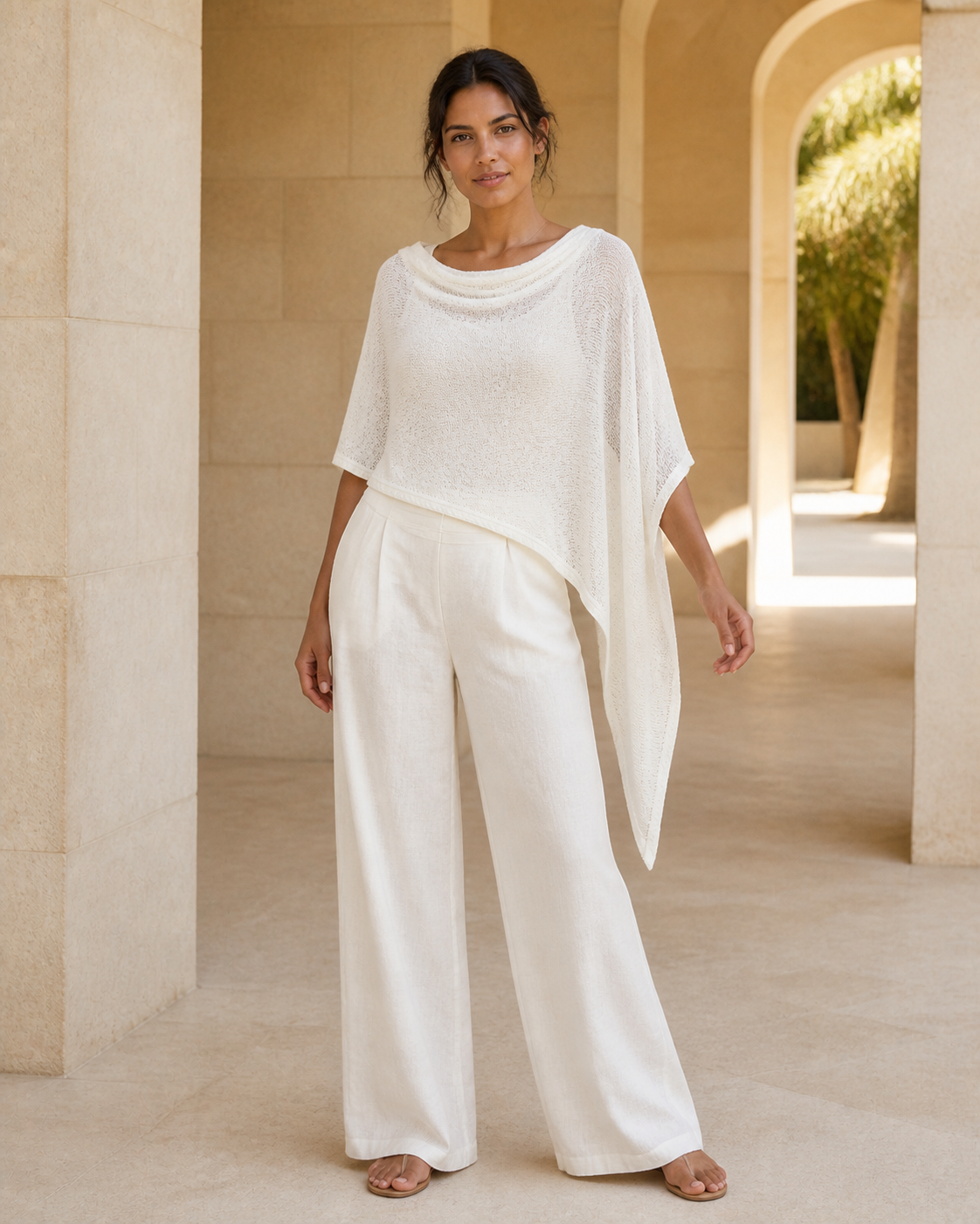 Cream knit and sheer batwing poncho, front view on a second model