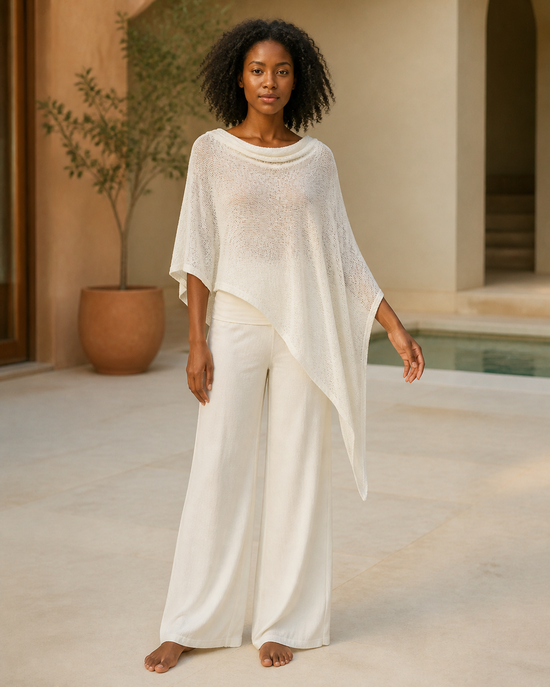 Cream knit and sheer batwing poncho, front view on a third model