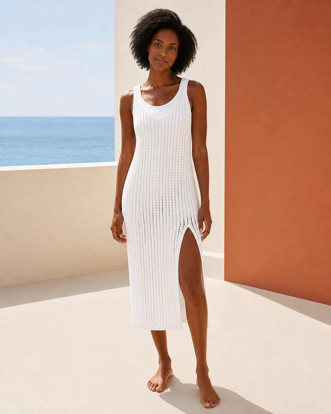White crochet cami strap maxi cover-up dress, front view on a third model