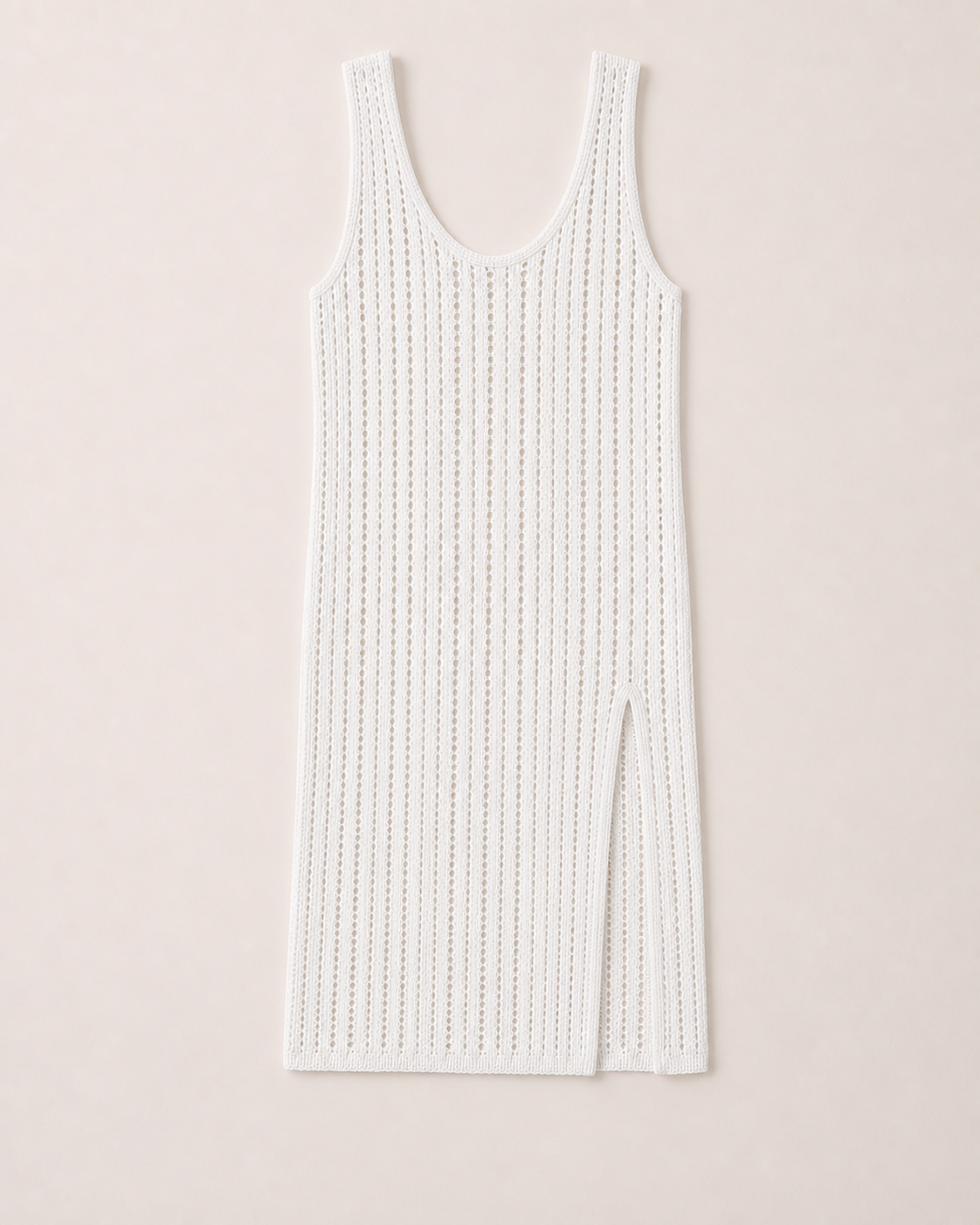 White crochet cami strap maxi cover-up dress, flat lay, full garment shown