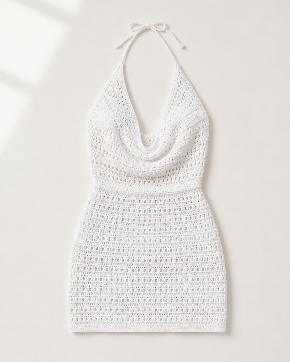 White crochet halter mini cover-up dress, flat lay, full garment shown