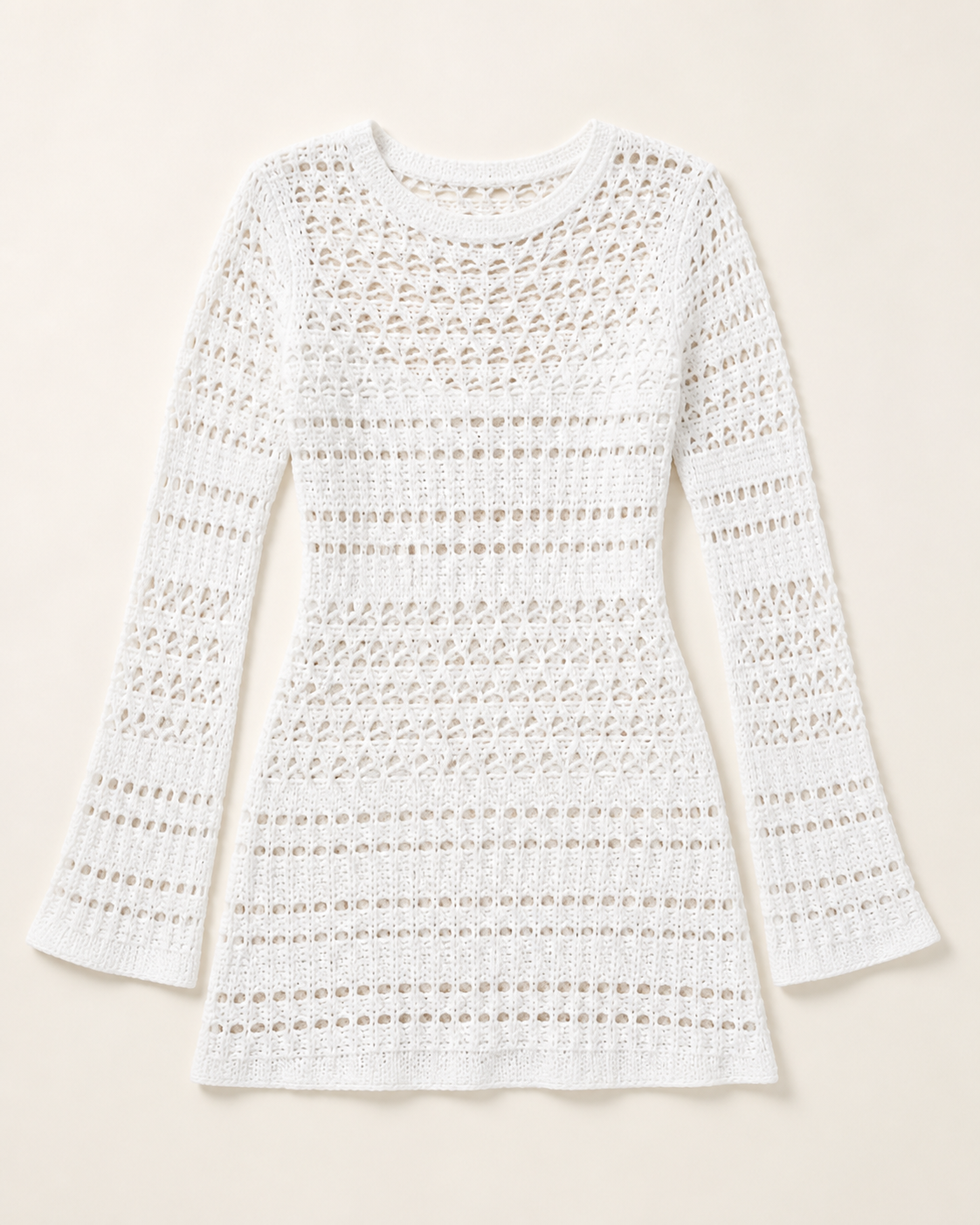 White crochet long sleeve mini cover-up dress, flat lay, full garment shown