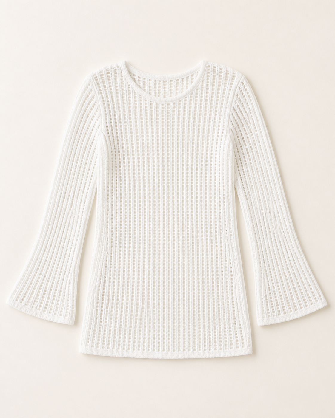 White knit long sleeve mini cover-up dress, flat lay, full garment shown