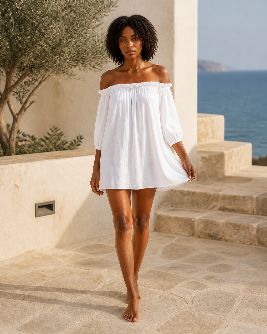 White off-shoulder mini cover-up dress, front view on a third model
