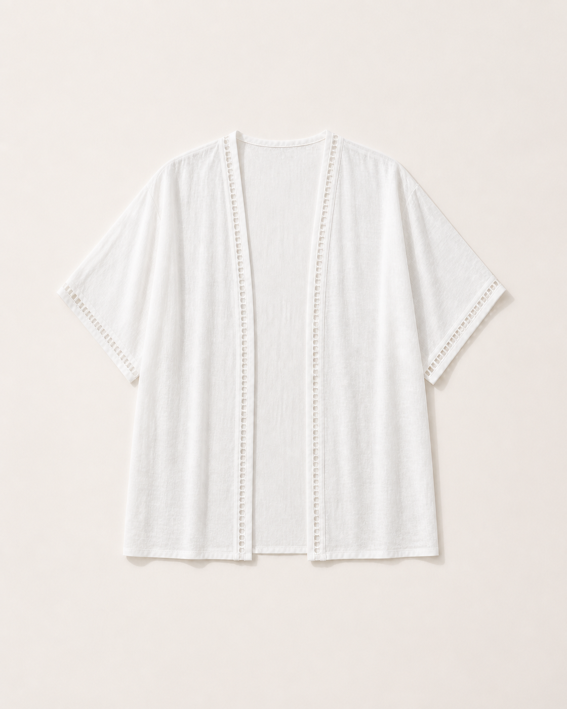 White kimono, flat lay, full garment shown