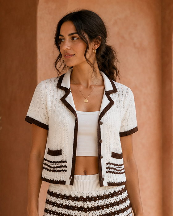White and Brown Stripe Knit Cardigan, product-focused model view