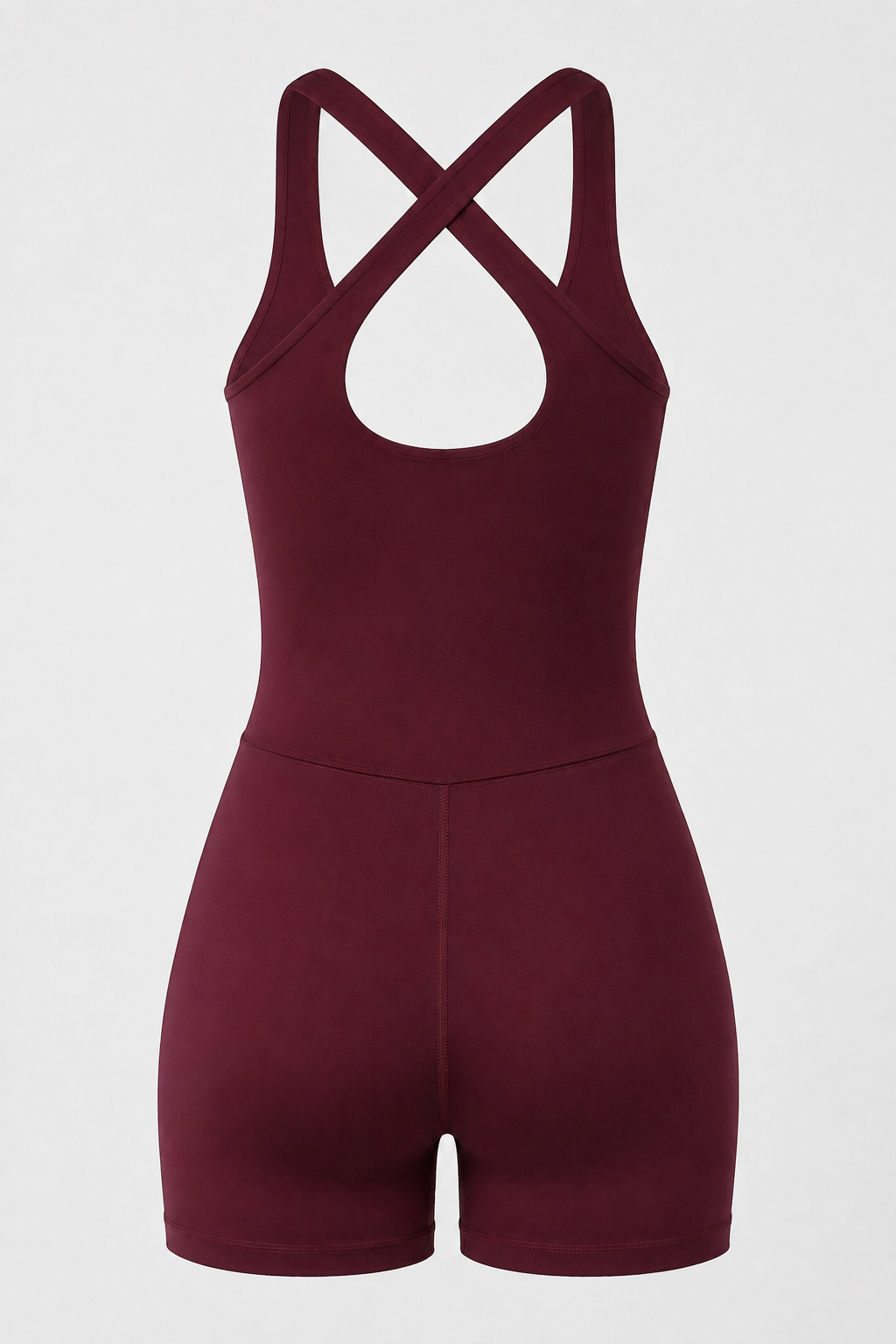 Burgundy Cross-Back Short Romper, product-only rear studio view