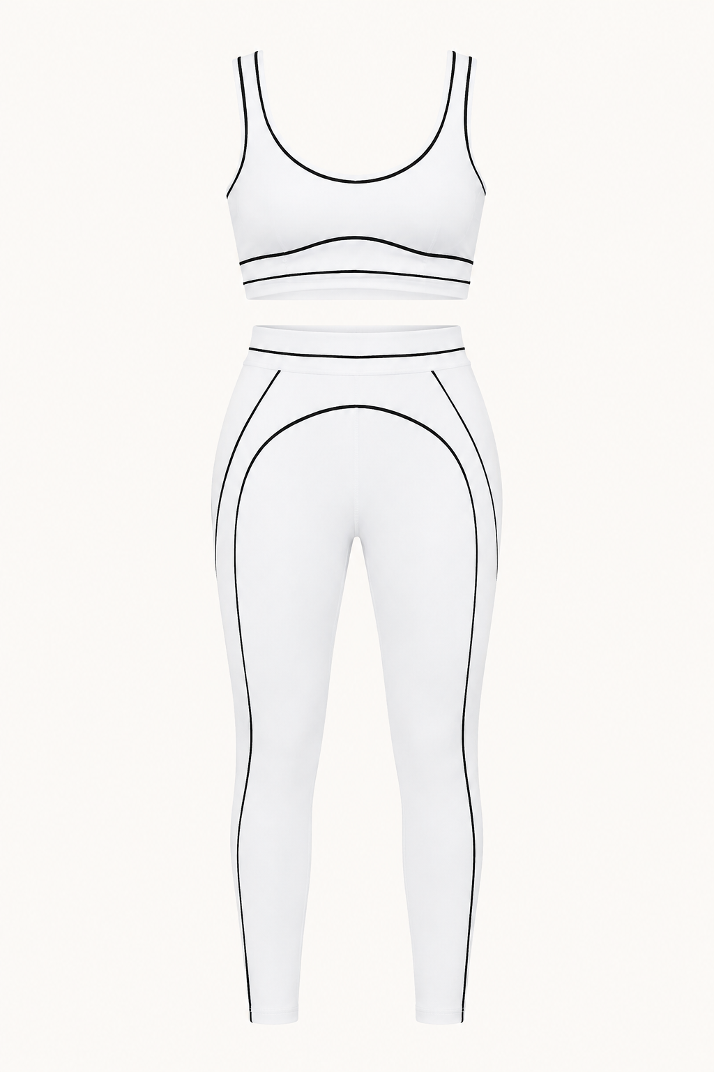White Black-Piped Sports Bra and High-Waist Leggings Set studio product view