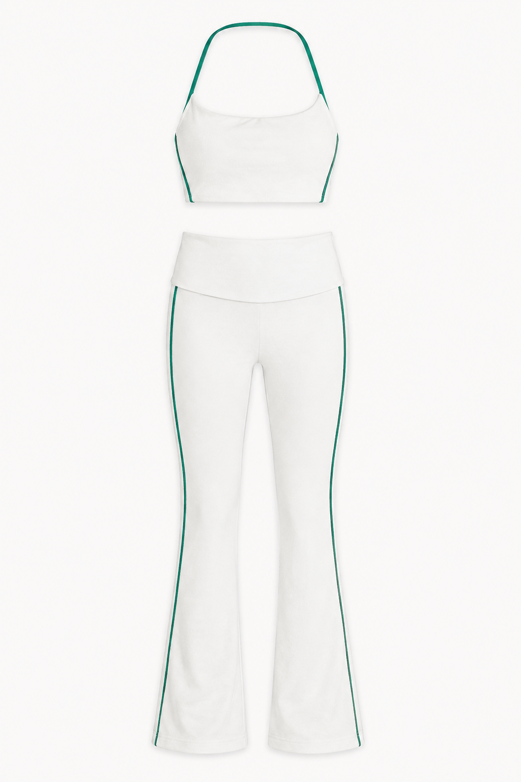 White Cami Bra and Flare Pants Set studio product view