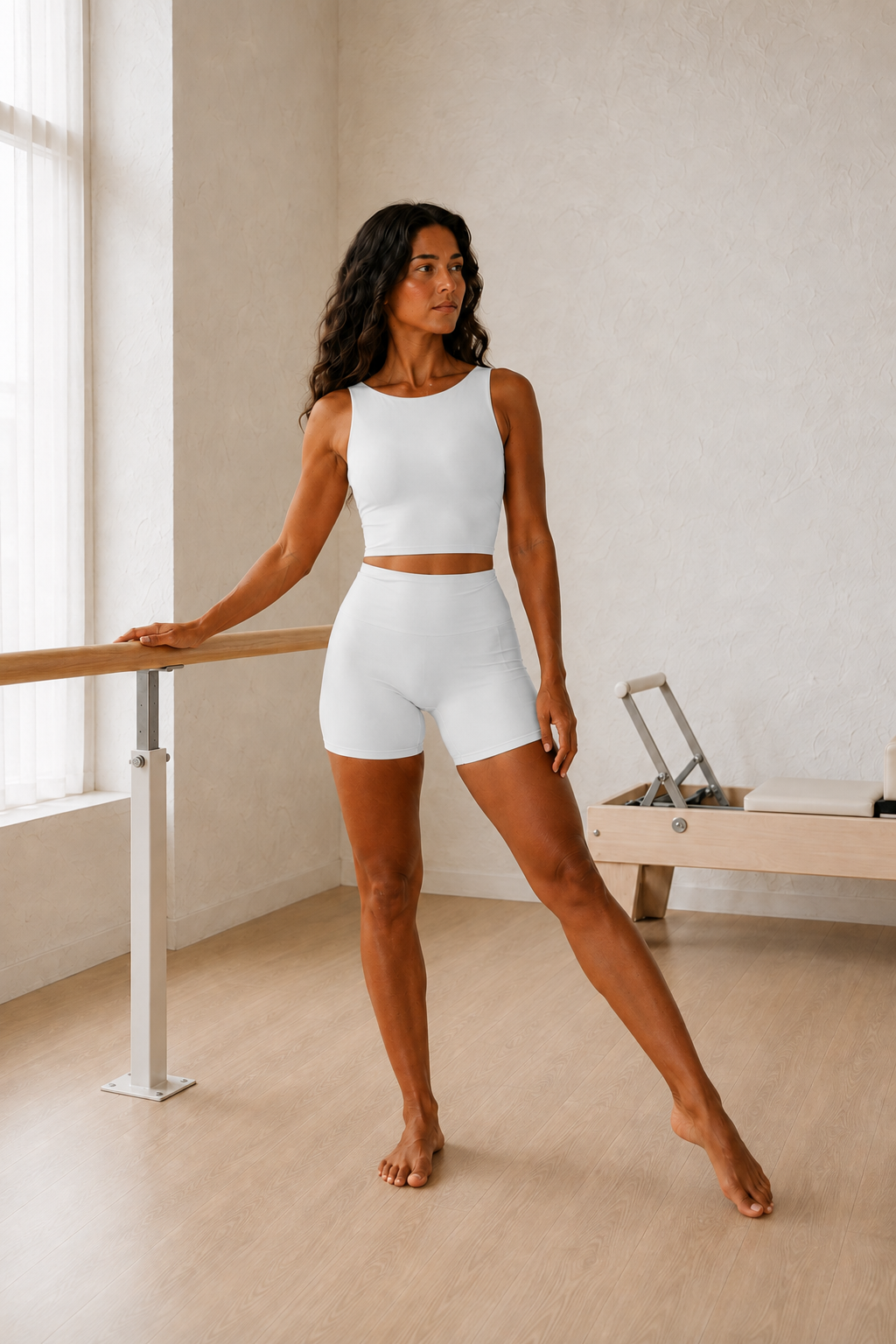 White Cropped Tank and Biker Shorts Set front view on model