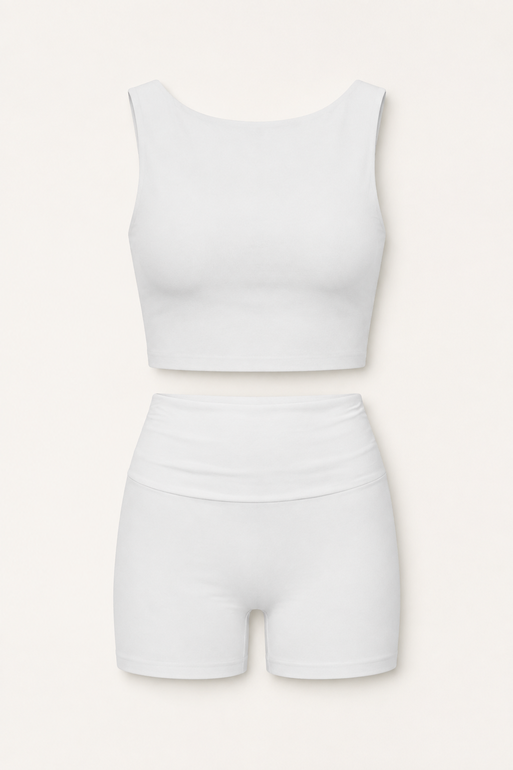 White Cropped Tank and Biker Shorts Set studio product view