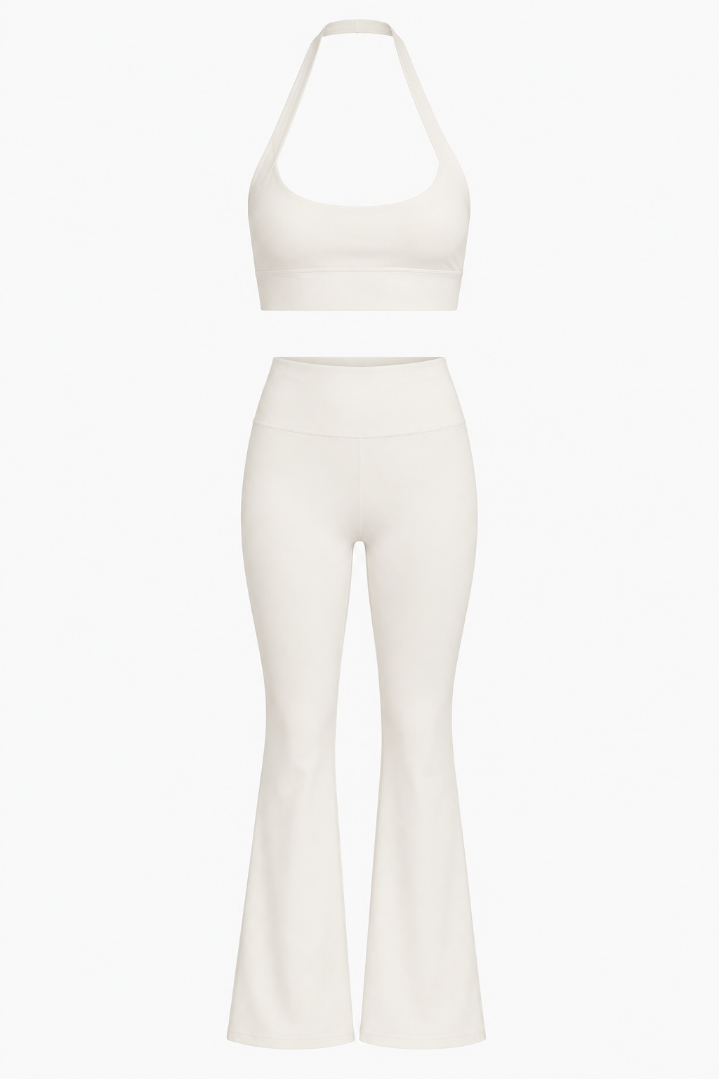 White Halter Bra Top and High-Waist Flare Pants Set studio product view