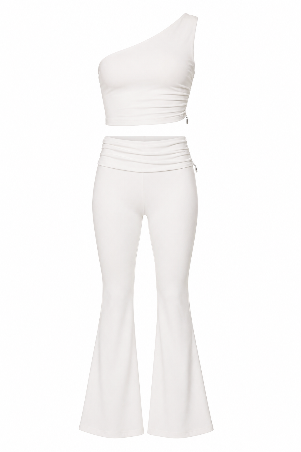 White One-Shoulder Crop Top and Fold-Over Flare Pants Set studio product view